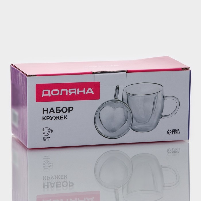 Набор стеклянных кружек с двойными стенками Доляна &laquo;Сердце&raquo;, 150 мл, 11,5&times;8,5&times;8 см, 2 шт