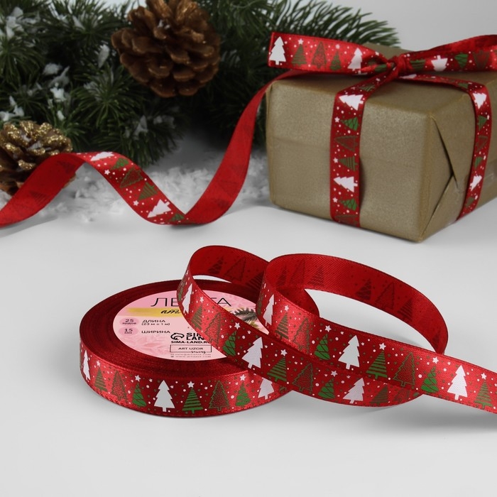 Новый год! Лента атласная &laquo;Ёлки&raquo;, 15 мм, 23 &plusmn; 1 м, цвет красный №33