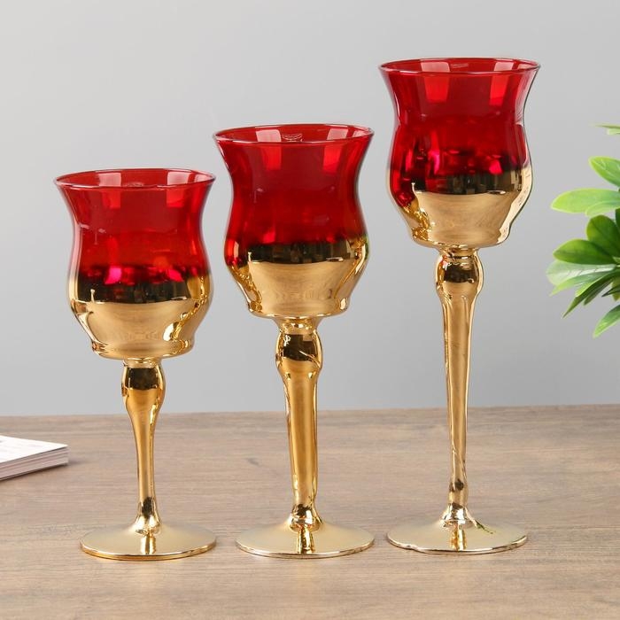 Подсвечник стекло набор 3 шт "Бокалы" высота 18, 20, 22,5 см красный 22,5х7,8х7,8 см