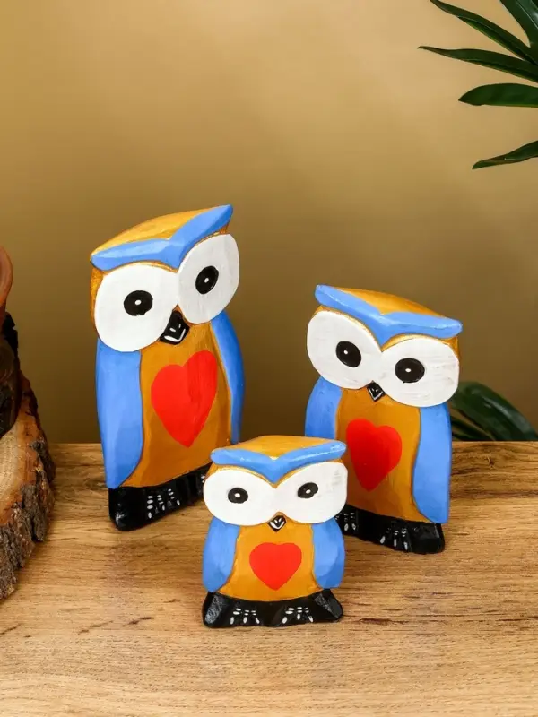 Набор сувенирный "Совята с сердечком" дерево H 15, 13, 11 см, цв. голубой с золотом