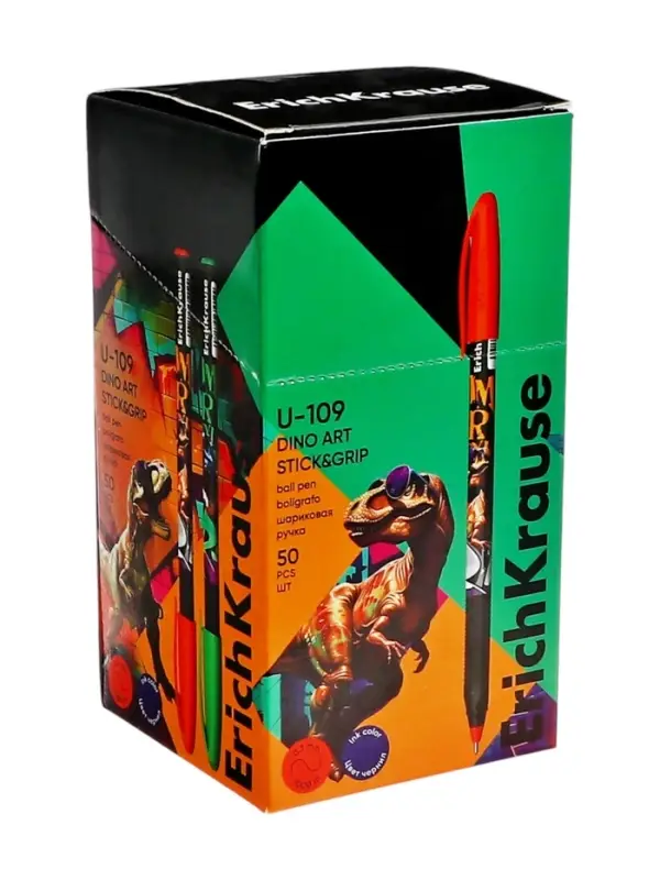 Ручка шариковая ErichKrause U-109 Stick&Grip Dino Art, 1.0мм, рез.держатель, синяя