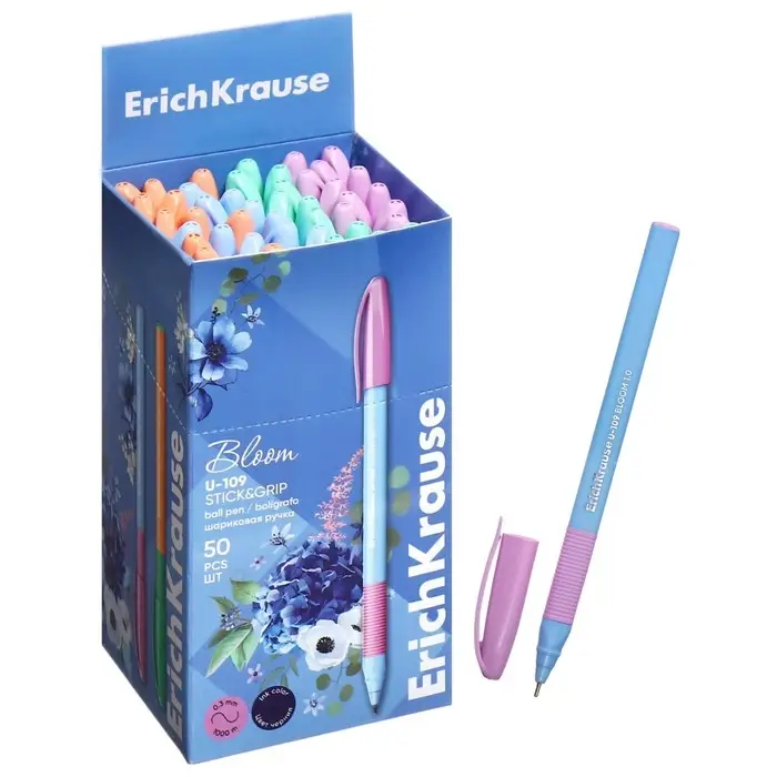 Ручка шариковая ErichKrause U-109 Stick&Grip Pastel Bloom, игольчатый узел 1.0 мм, чернила синие, резиновый держатель,МИКС