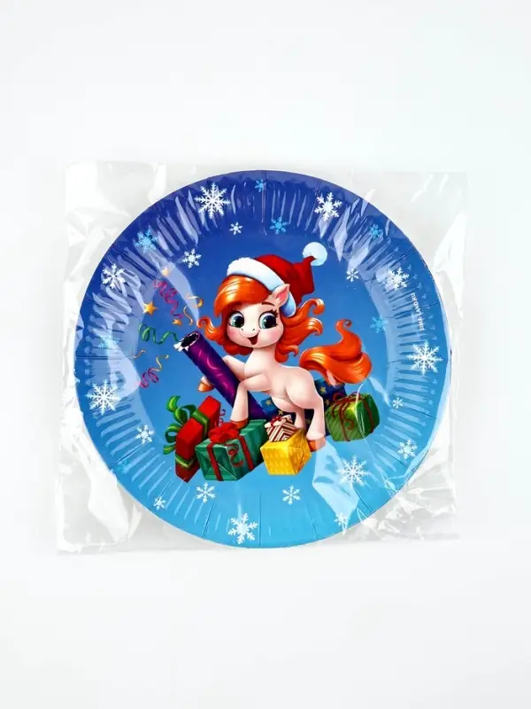 Тарелка бумажная "Лошадка в шапке" ,  голубая 18 см