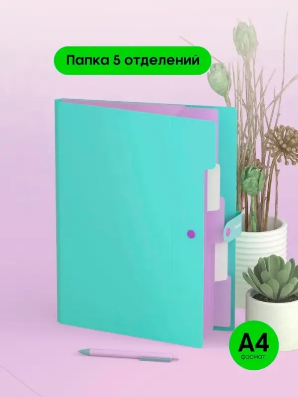 Папка А4, 5 отделений, Calligrata, 600 мкм, на кнопке, зеленая, матовая
