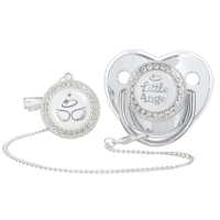 Соска - пустышка силиконовая ортодонтическая &laquo;LITTLE ANGEL&raquo;, от 6 мес., с колпачком + держатель - цепочка, цвет серебренный, стразы