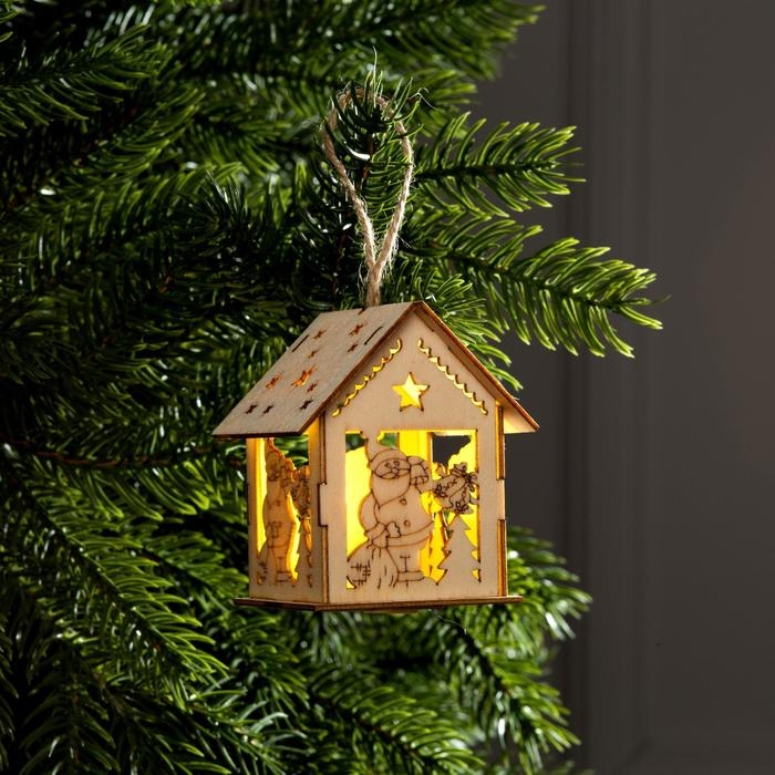 Ёлочная игрушка &laquo;Домик с Дедом Морозом и ёлкой&raquo;, от батареек, свечение тёплое белое