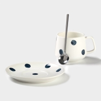 Чайная пара &laquo;Горошек&raquo;, 220 мл, с ложкой, блюдце d=15, кружка 9,5&times;7,5&times;7 см, керамика, белая