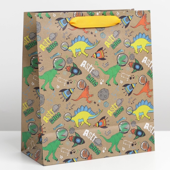 Пакет подарочный крафтовый вертикальный, упаковка, &laquo;Динозавр: Dino&raquo;, ML 23 х 27 х 11.5 см
