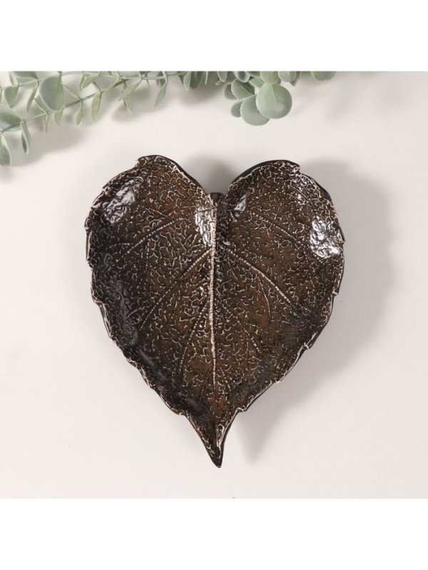 Сувенир керамика подставка "Лист с прожилками" коричневый глянец 16х19,5х2,5 см