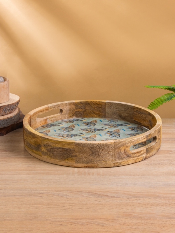 Поднос круглый с бортиками "Мудрый слон" дерево манго 35х35х6,5 см