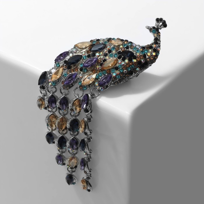 Брошь &laquo;Птица&raquo; павлин драгоценный, цветная в серебре