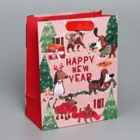 Пакет подарочный новогодний крафтовый вертикальный &laquo;Собачьи истории&raquo;, MS 18 х 23 х 10 см