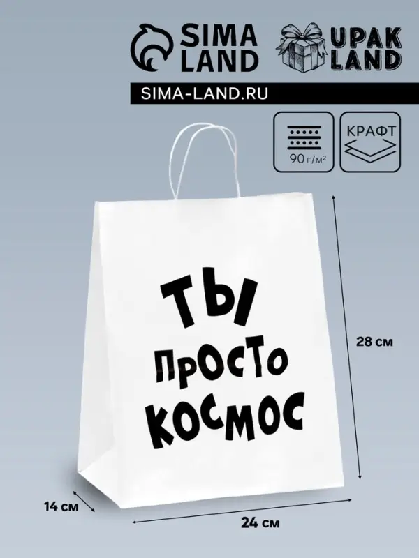 Пакет подарочный с приколами, крафт &laquo;Ты просто космос&raquo;, белый, 24&times;14&times;28 см