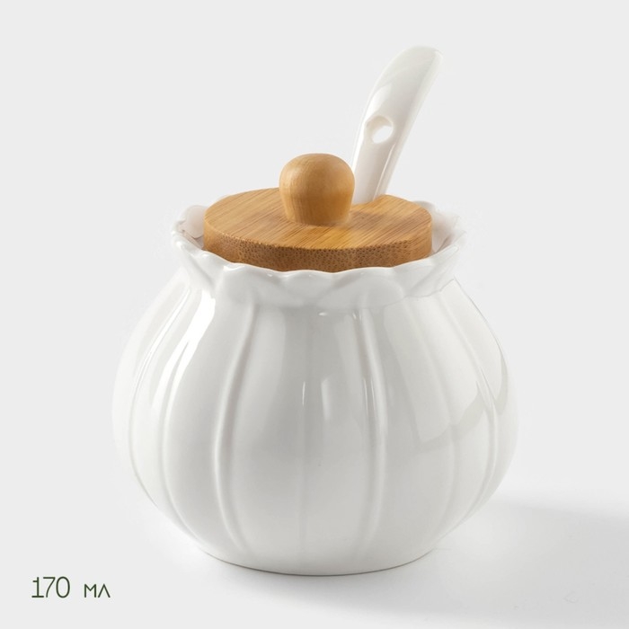 Набор фарфоровый сервировочный BellaTenero &laquo;Тюльпан&raquo;, 4 предмета: молочник 200 мл, сахарница с крышкой 170 мл, бамбуковая подставка, ложка, цвет белый