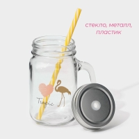 Кружка стеклянная Доляна &laquo;Золотой фламинго&raquo;, 450 мл, 10&times;7,5&times;13 см, с ручкой, крышкой и трубочкой