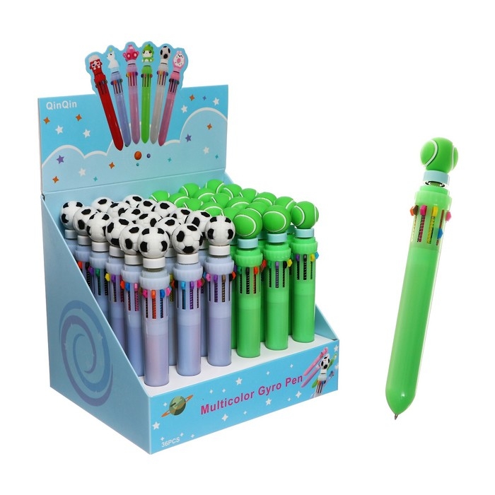 Ручка шариковая автоматическая 10-ти цветная, "Спортивные мячи-спиннер", МИКС