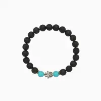 Браслет "Хамса" камень пирит, лава, длина 18 см, цв. чёрный, бирюзовый