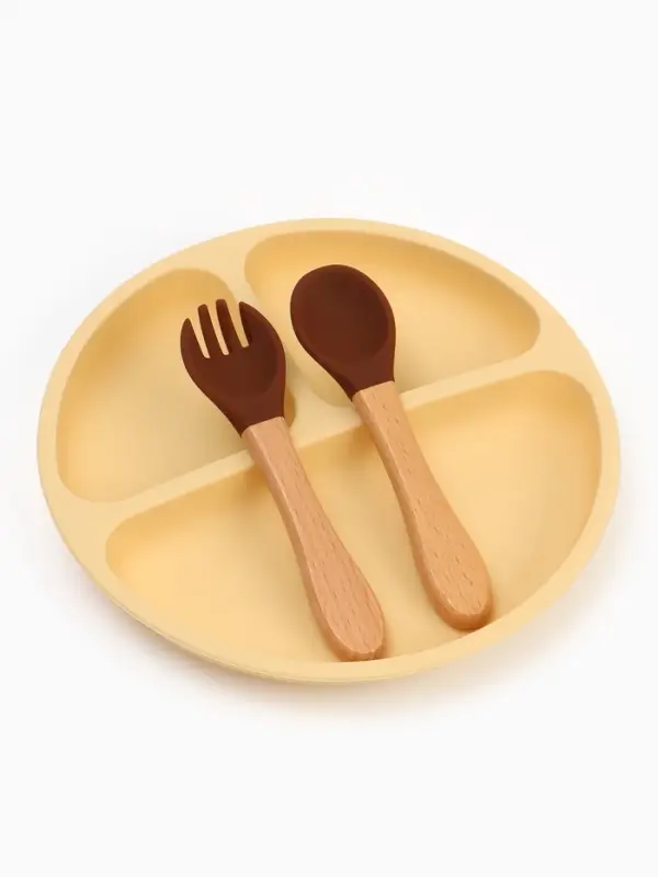 Тарелка детская секционная с ложкой и вилкой, 3 секции, молочный, Mum&Baby
