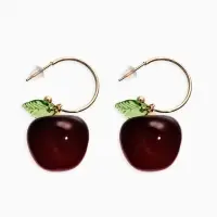 Серьги-кольца "Черешня с листочком", цвет бордовый в золоте