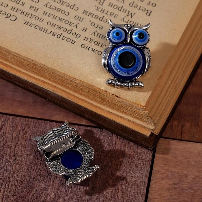 Брошь-оберег &laquo;Сова&raquo; глазки, цвет синий в чернёном серебре (неделимая фасовка 12 шт., цена за шт.)