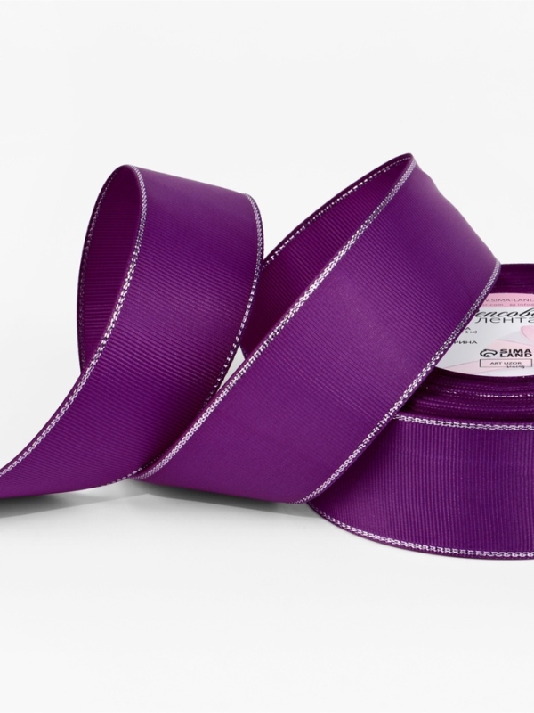Лента репсовая 40мм*25&plusmn;1ярд(23м&plusmn;1м) серебряные нити №046 фиолетовый АУ