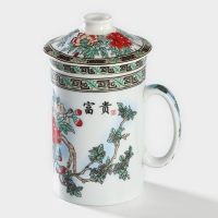 Кружка керамическая с крышкой и ситом &laquo;Птицы в пионах&raquo;, 300 мл