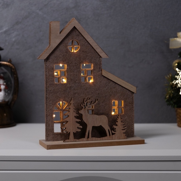 Фигура дерев. "Изба с оленями", 20х6х25 см, 5 LED, CR2032x1 (в компл.), Т/БЕЛЫЙ