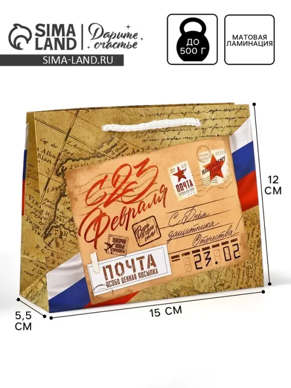 Пакет подарочный ламинированный &laquo;С 23 февраля&raquo;, S 12 х 15 х 5.5 см