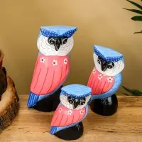 Набор сувенирный &laquo;Совы&raquo;, h=18 см, h=14 см, h=11 см, дерево, розово-синий