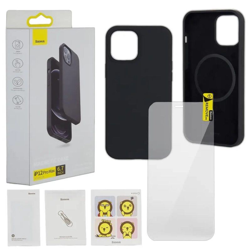 Чехол IPH 12 Pro Max Baseus Magnetic Case Black + Glass Clear 0.3mm