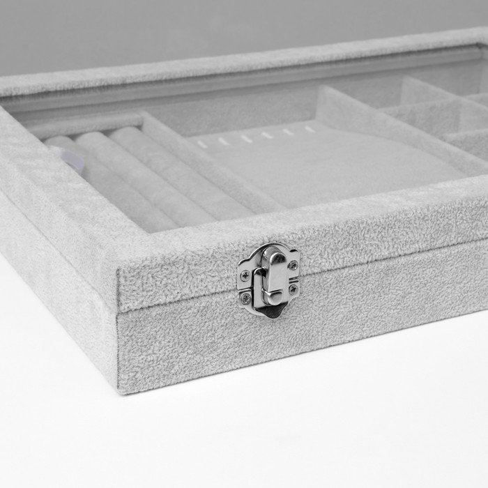 Подставка для украшений &laquo;Шкатулка&raquo; 4 полосы, 7 крючков, 8 ячеек, стеклянная крышка, цвет серый