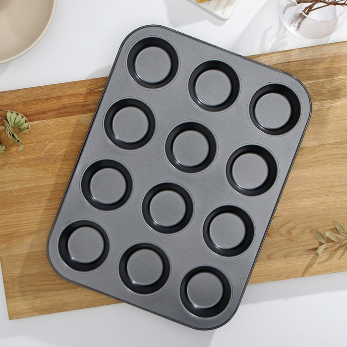 Форма для выпечки Доляна &laquo;Жаклин&raquo;, 35&times;26&times;3 см, 12 ячеек, d=6,5 см, антипригарное покрытие, цвет чёрный