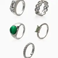 Набор колец 5 шт "Новый стиль" малахит, размер МИКС, цвет изумрудный в серебре