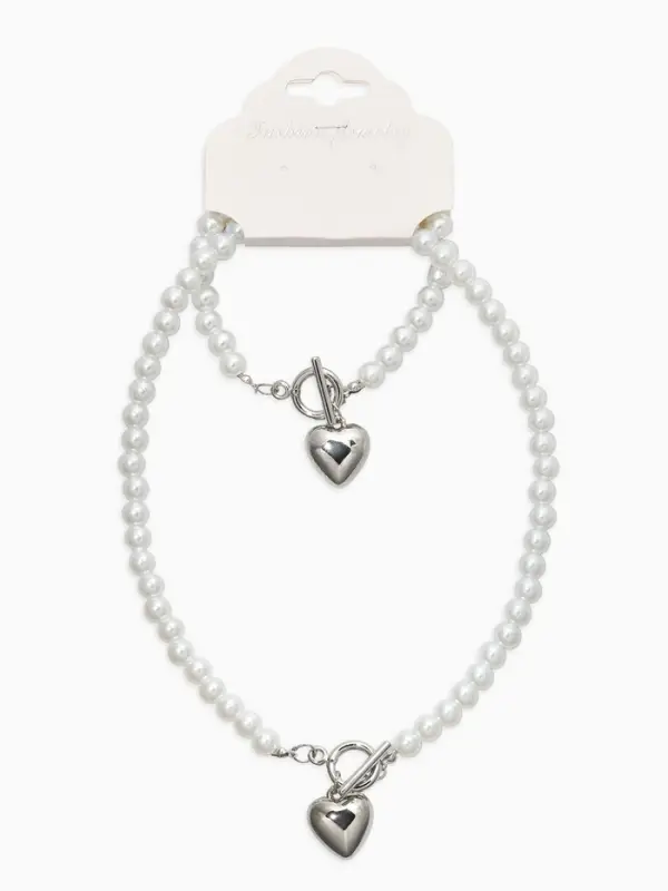 Набор 2 пред-та: бусы.браслет "Жемчуг", сердце, цвет белый в серебре L=18/42см №8