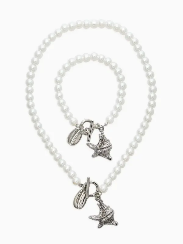 Набор 2 пред-та: бусы.браслет "Жемчуг", ракушка, цвет белый в серебре L=18/42см №8