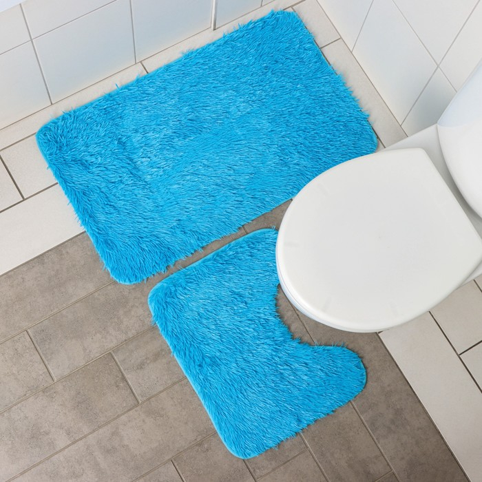 Коврики для ванной и туалета Доляна &laquo;Пушистик&raquo;, 2 шт: 40&times;50, 50&times;80 см цвет голубой