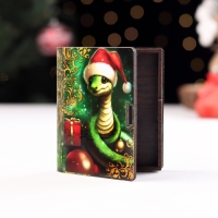 Новый год. Деревянный конверт для денег с символом года № 4 "Зеленый, змея с подарком", 9,8х8,5х2 см