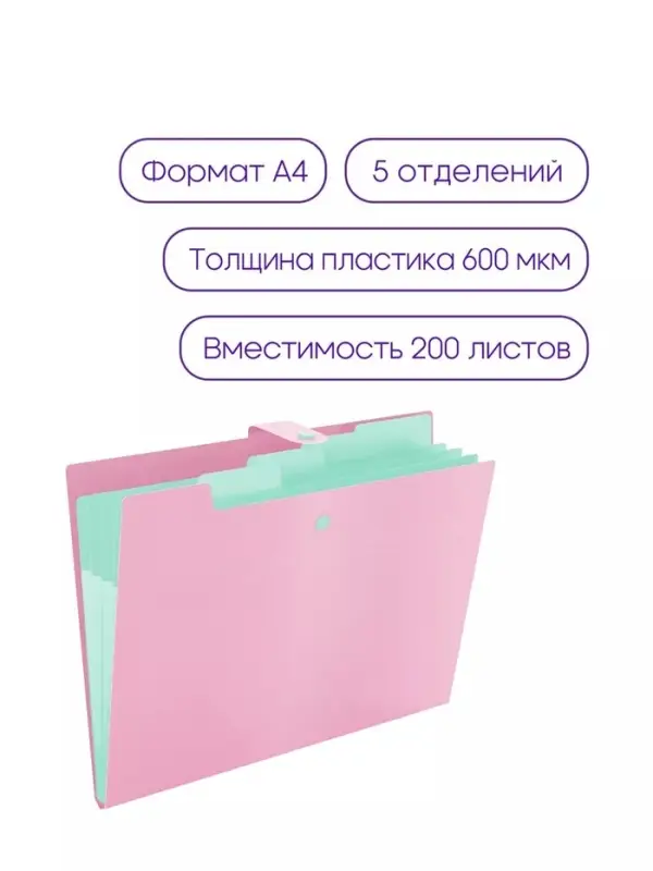 Папка А4, 5 отделений, Calligrata, 600 мкм, на кнопке, розовая, матовая