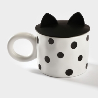 Кружка керамическая с силиконовой крышкой &laquo;Мяу&raquo;, 350 мл, цвет белый и чёрный