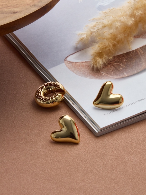 Набор серьги и каффы 3 шт. &laquo;Сердечко&raquo; бублик, цвет золото