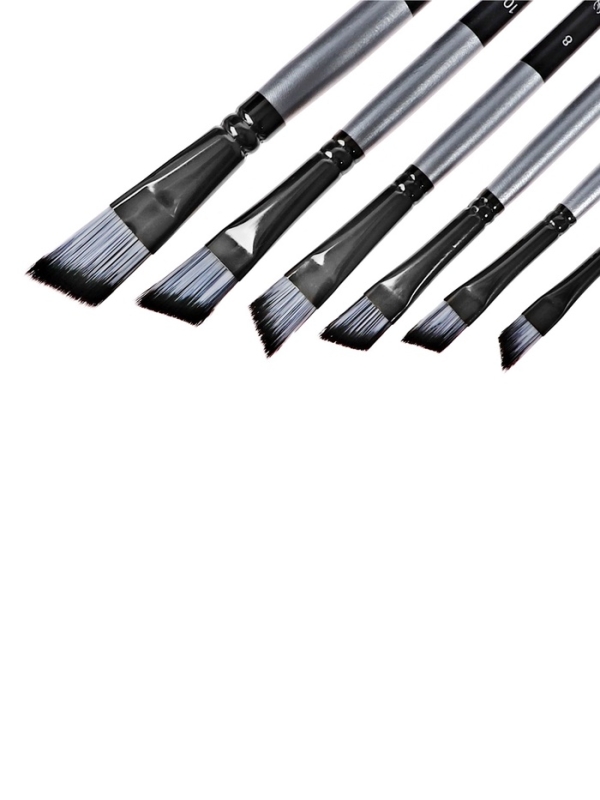 Набор кистей синтетика плоские 6 штук скошенные, черно-серые (№2,4,6,8,10,12)