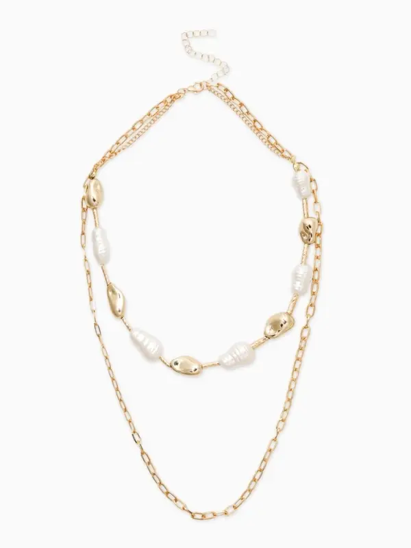Колье "Жемчуг" борокко, цепь, удлиненное, 2 яруса, цвет белый в золоте