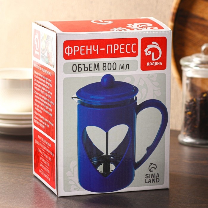 Чайник заварочный френч - пресс Доляна &laquo;Комплимент&raquo;, 800 мл, стекло, цвет бирюзовый