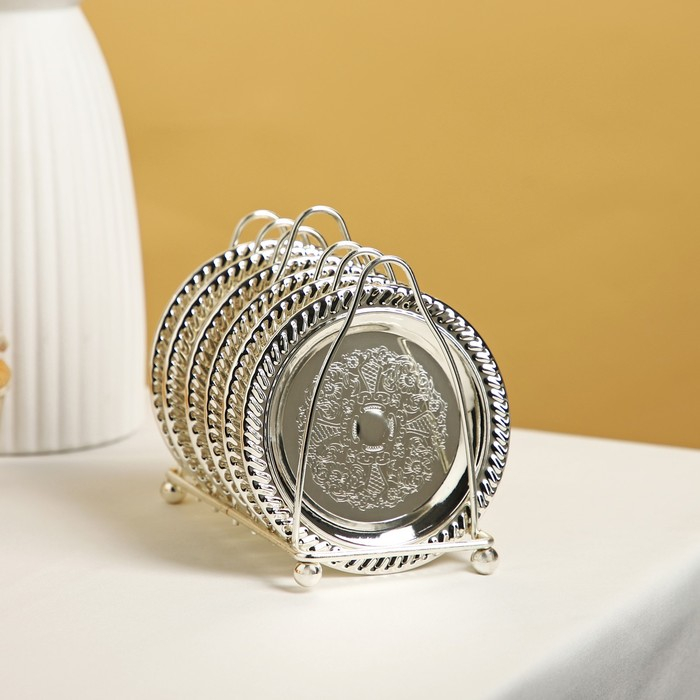 Набор блюдец &laquo;Серебро&raquo;, 14&times;10&times;12 см, с подставкой, 6 шт, цвет серебряный