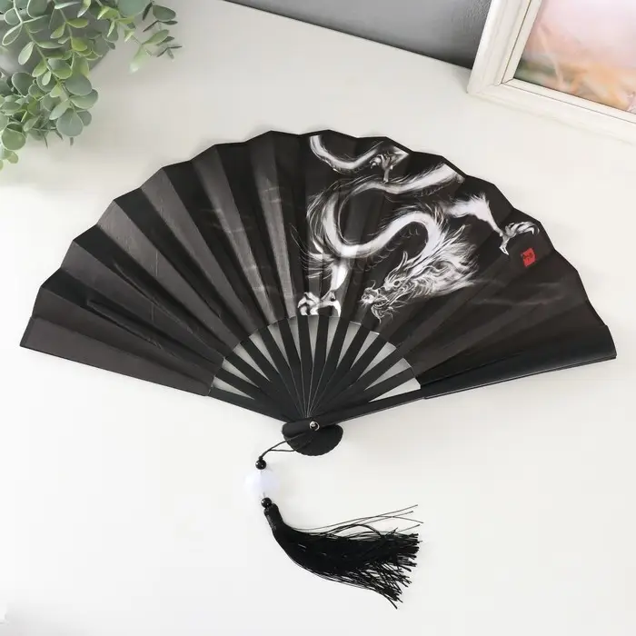 Веер пластик, текстиль h=27 см "Китайский дракон" чёрный, с кисточкой