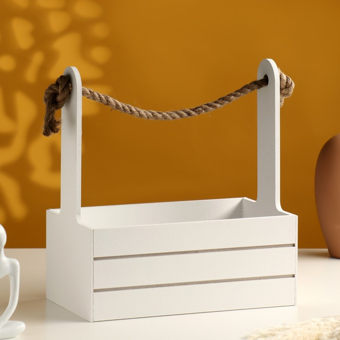Кашпо деревянное 25.5&times;15&times;30 см "Аром", ручка канат, белое
