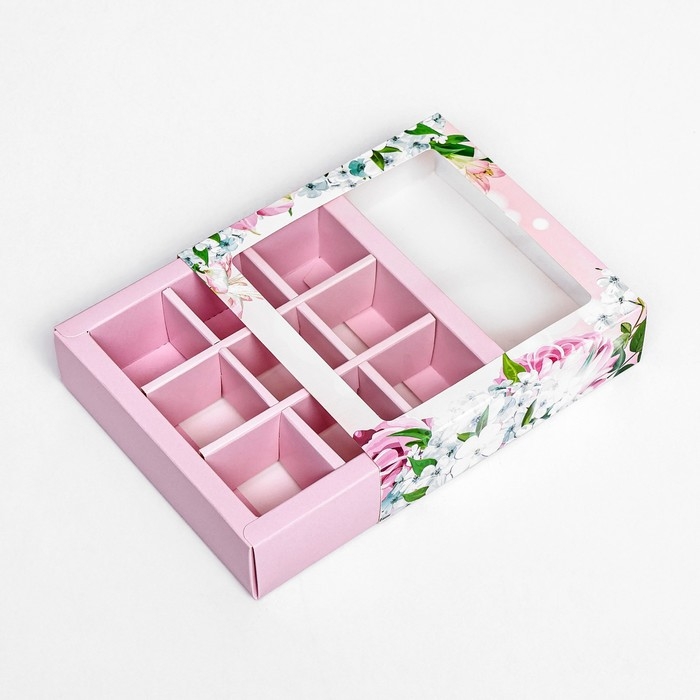 Коробка для 9 конфет, "Цветы" 13,8 х 13,8 х 3,8. Кондитерская упаковка