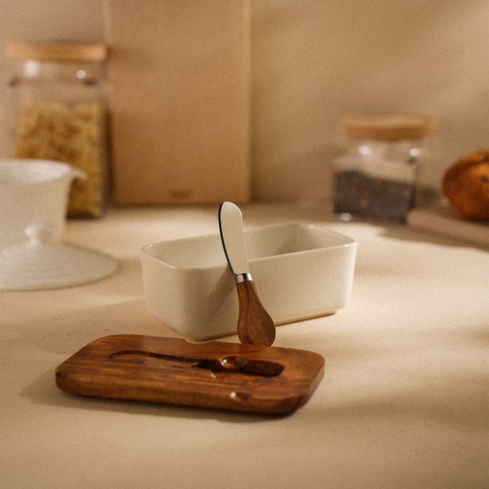 Паштетница фарфоровая с ножом SL Home &laquo;Южная акация&raquo;, 2 предмета: паштетница с деревянной крышкой 650 мл, нож 12,3&times;3 см