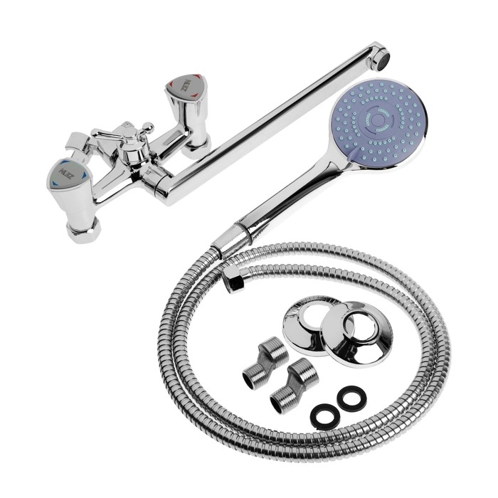 Смеситель для ванны ZEIN Z3726, двухвентильный, излив 30 см, лейка 3 режима, хром