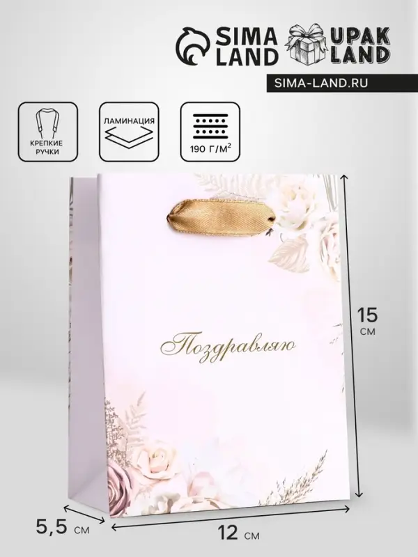 Пакет подарочный вертикальный &laquo;Поздравляю&raquo;, S 12&times;15&times;5.5 см